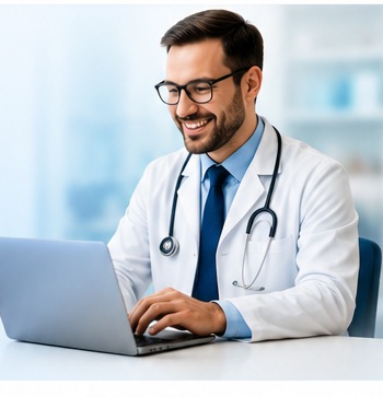 Doctor reviewing EMR Solutions dashboard on a laptop at the OPD desk