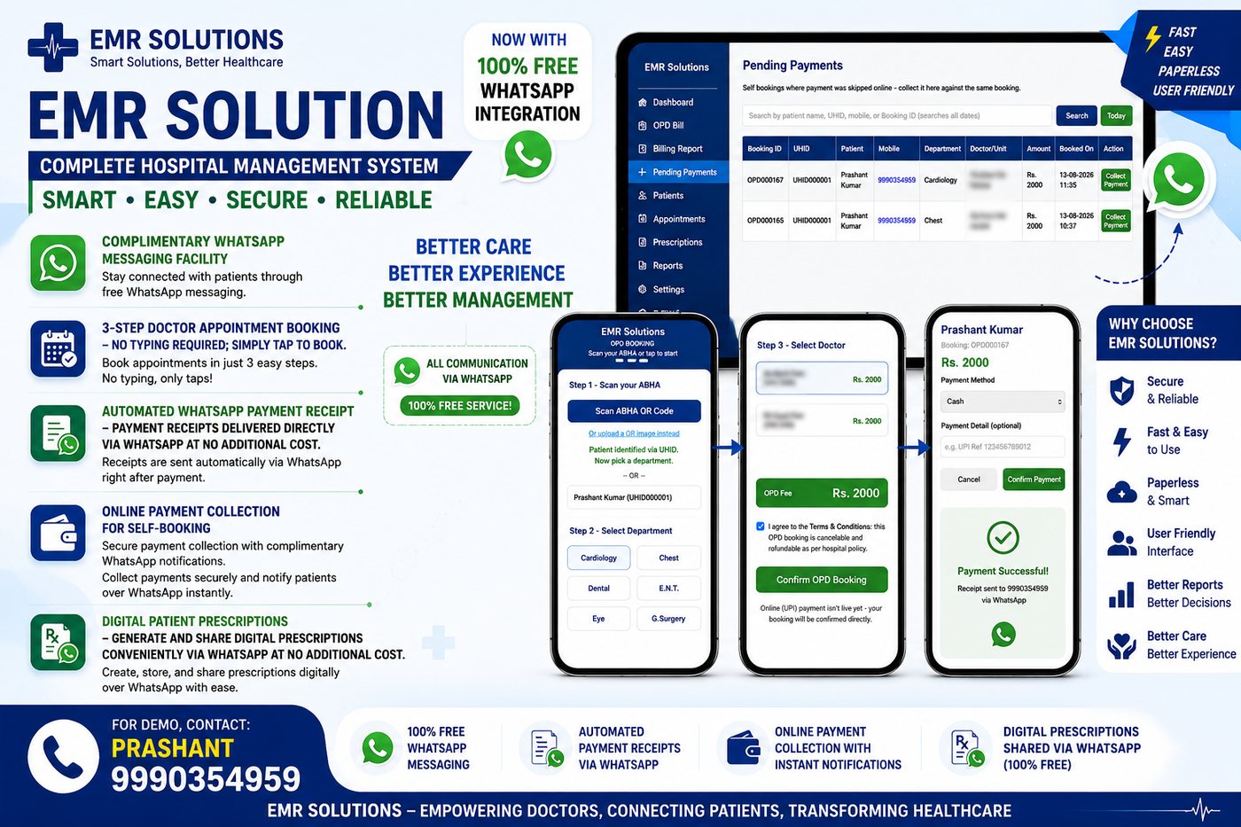 EMR Solution complete hospital management system poster showing pending payments desk and OPD booking on mobile