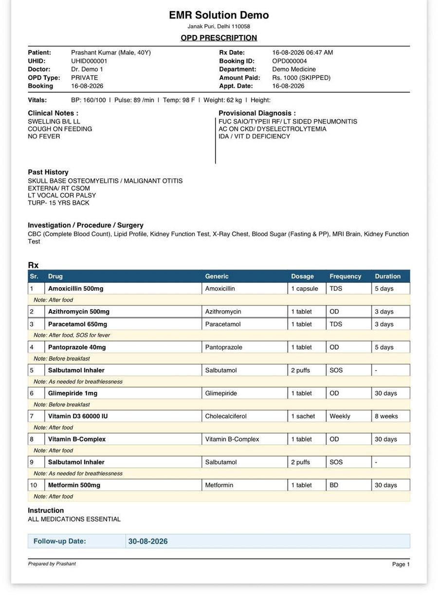 Sample EMR Solutions OPD prescription showing patient details, vitals, diagnosis, past history, investigations and a ten line drug table with follow-up date
